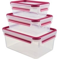CLIP & CLOSE Frischhaltedosen-Set, 3-teilig transparent/himbeere, rechteckig, 3 Dosen + 3 Deckel