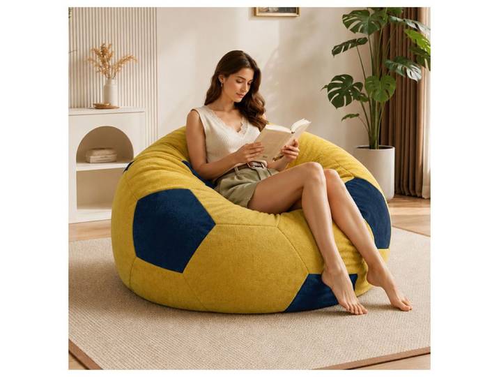 Pouf ballon football en velours fauteuil bean bag XXL confortable siège relax pour salon et chambre bleu et jaune