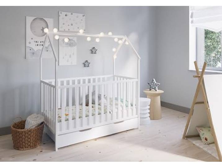 FabiMax Kinderbett Hausbett Schlafmütze mit Schublade, Weiß lackiert, 140x70 cm, aus massivem Kiefernholz (Matratze Classic, Mit Schublade)