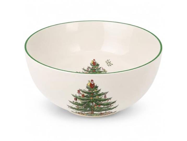 Spode Große runde Schüssel mit Weihnachtsbaum, 25,4 cm, Porzellan-Servierschale für Salat, Nudeln und Beilagen – ikonisches Urlaubsdesign mit grünem Rand, spülmaschinenfest, mikrowellengeeignet