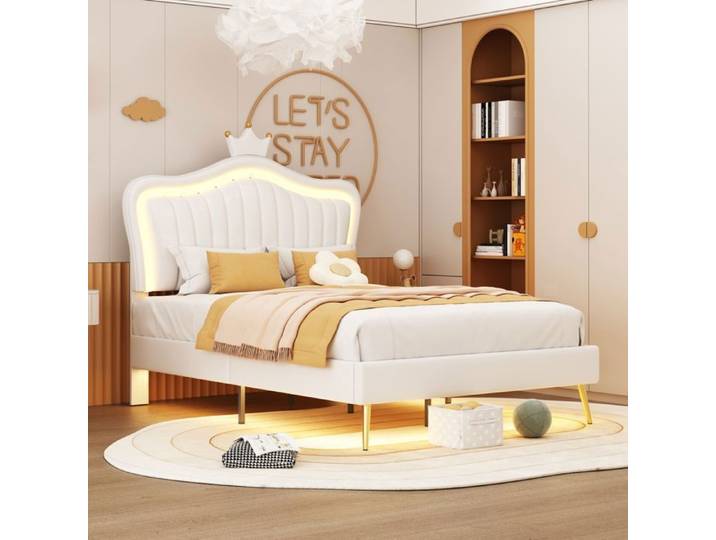 Structure de lit Nouveau lit rembourré épaissi design moderne 90 x 200 cm cadre de lit fille cadre de lit double couronne blanch
