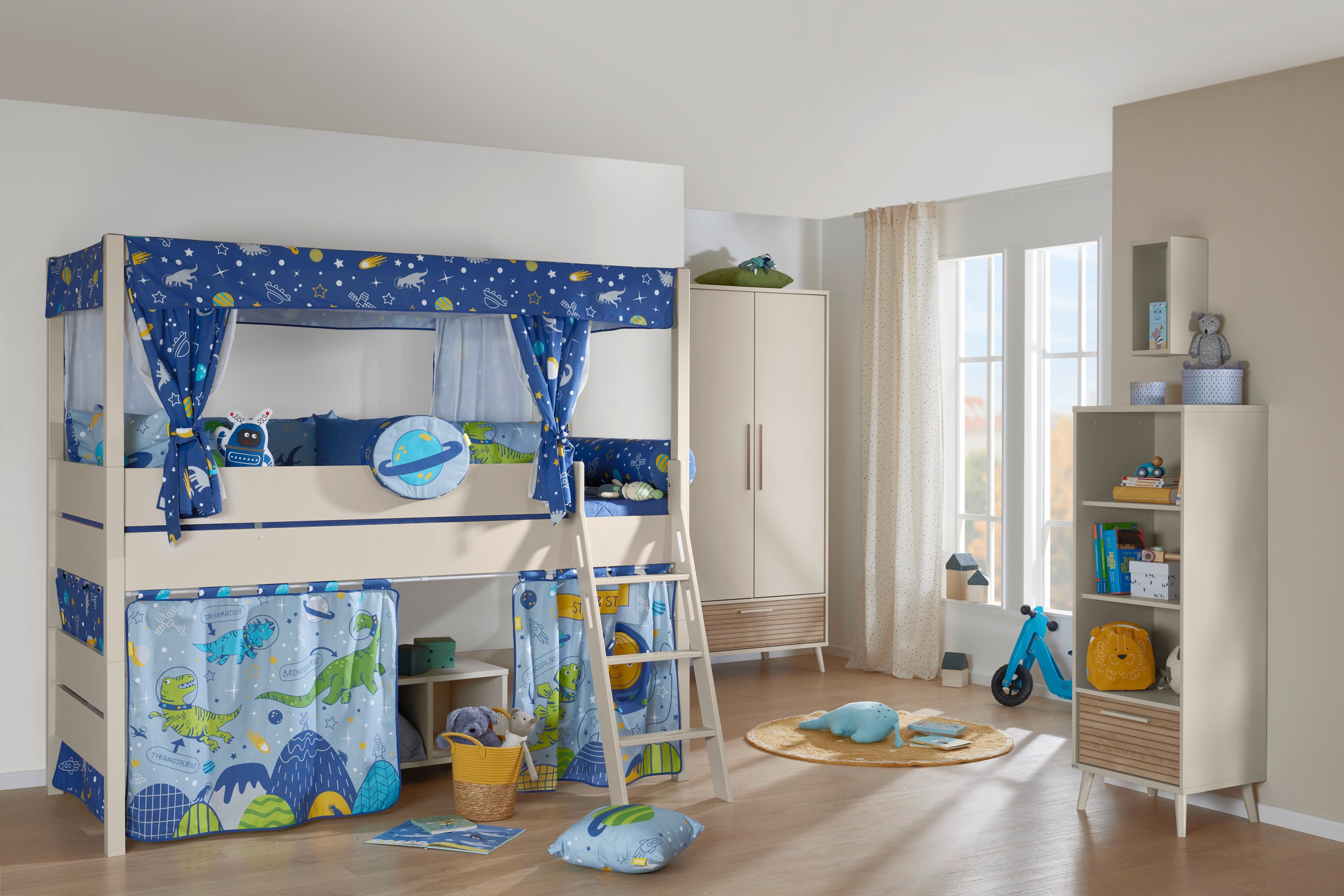 Spielbett PAIDI "TIAGO in verschiedenen Größen und Farben, mit Leiter", beige (cashmere, beige, cashmere, beige, cashmere, beige), B:135cm H:120,6cm L:210,4cm, Betten, Spielbett, Rausfallschutz, geprüfte Sicherheit, umbaubares Bett mit Massivholz