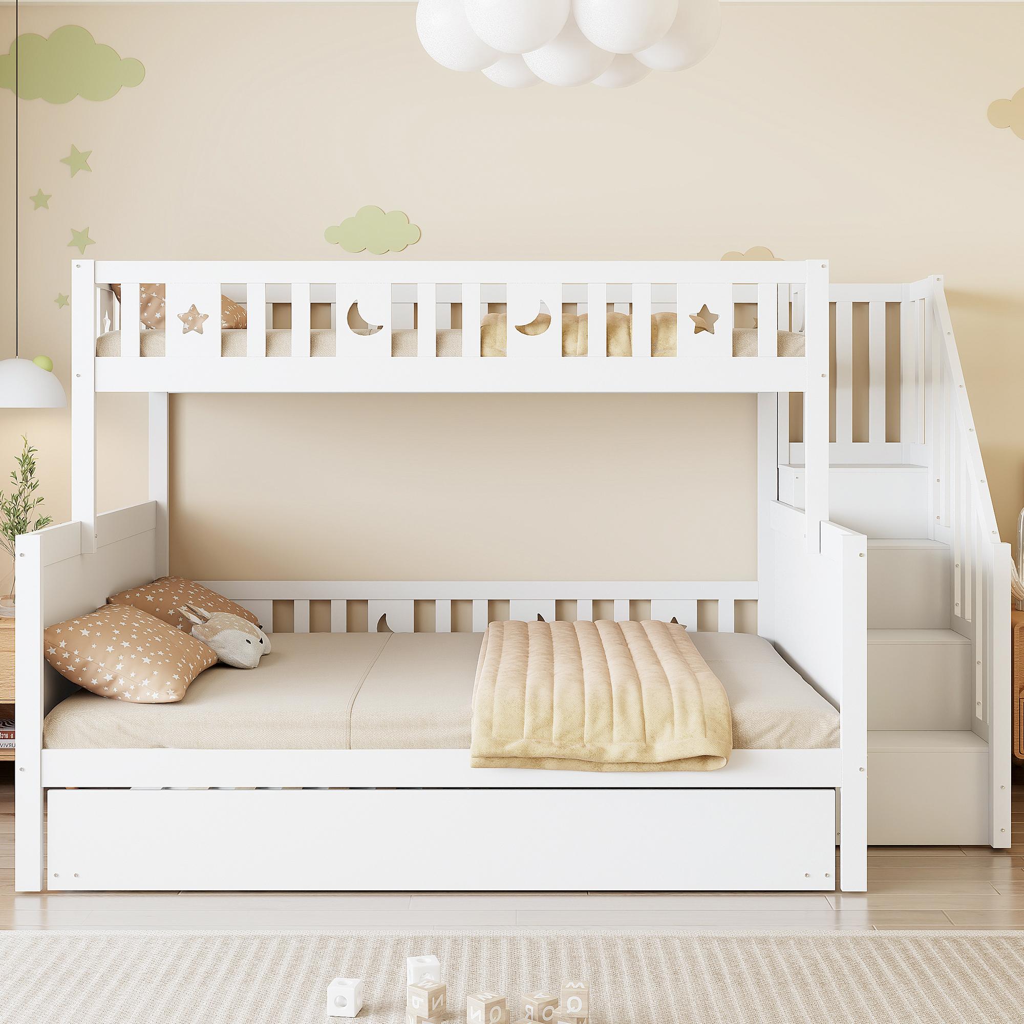 okwish Etagenbett 90*200/140*200cm, Kinderbett aus Massivholz, mit Sicherheitstreppe, Haushalts-Ausziehbett, Lattenrost, weiß