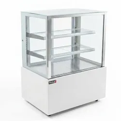 Romux® Kühlvitrine für Konditorei Quadratisch Standgerät 2 Böden Weiß 520 Liter Umluftkühlung | Kühlvitrine Gerade Glasscheiben