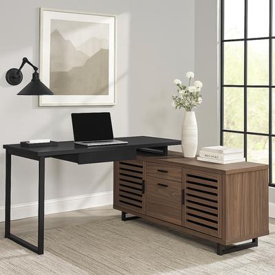 Benjara Doxx L Shape Computer Desk, 2 Doors Drawers Black Metal, Walnut Wood