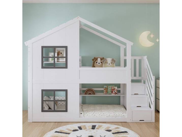 Lit superposé enfant 90x200 avec rangement et fenêtres en pin