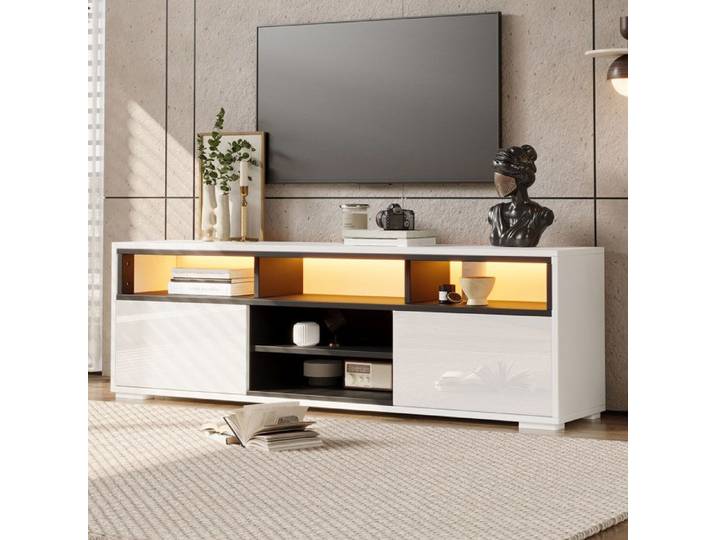 Meuble tv 150 × 35 × 50 cm banc de télévision LED en plaque d'éponge brillante Placard avec deux portes Blanc
