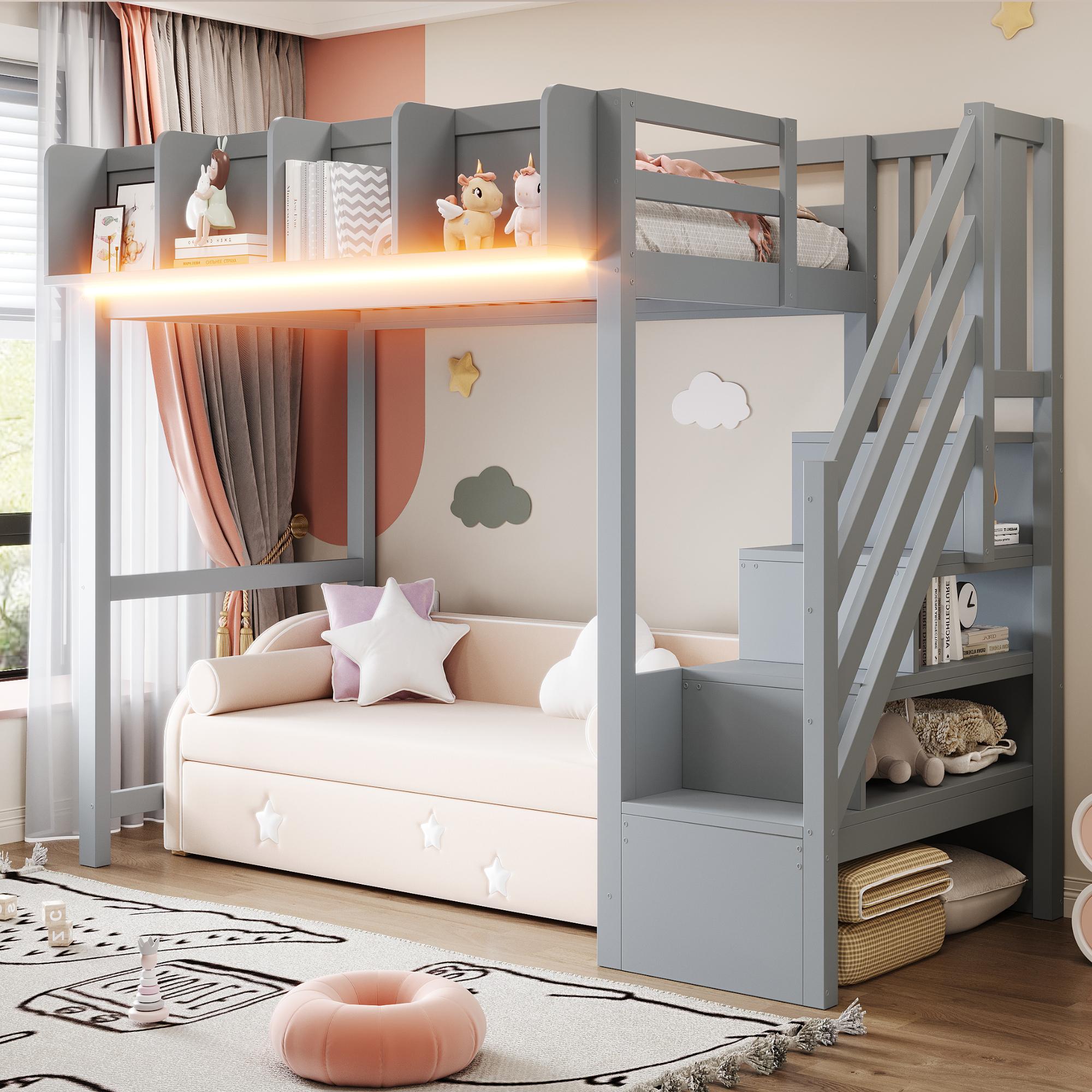 Merax Etagenbett Hochbett 90x200cm mit LED Beleuchtung, Kinderbett Holzbett mit Leiter mit Stauraum, Kinderbett mit Sicherheitsgitter und Ablagen,Grau