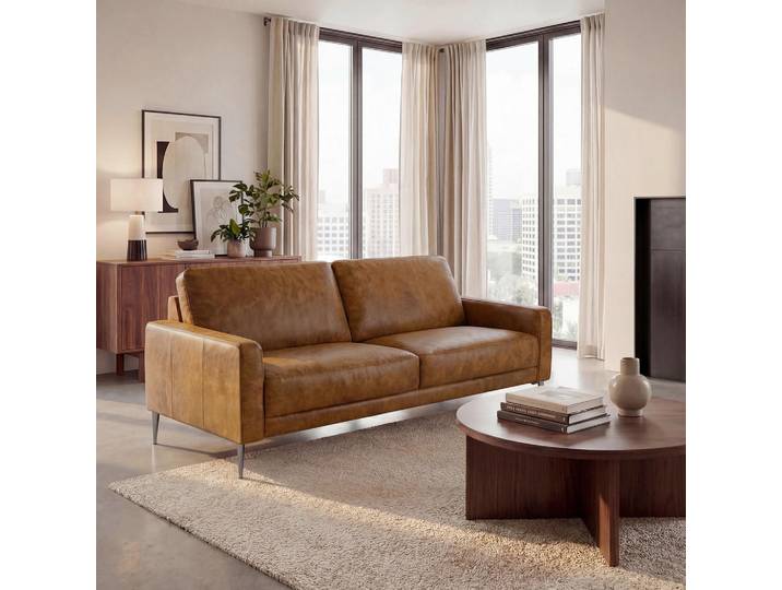 Livetastic 2-Sitzer-Sofa, Cognac, Metall, Echtleder, Rindleder, 157x85x92 cm, Rücken echt, Wohnzimmer, Sofas & Couches, Ledersofas