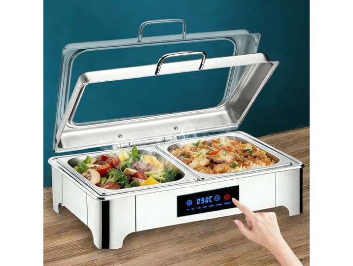 BOVDC Elektrischer Chafing Dish Glasdeckel 9L, Edelstahl(1/2 Pan) Speisewärmer Buffetwärmer Elektrisch Einstellbarer Temperatur, Elektrisch Warmhaltebehälter Essen für Buffet, Catering