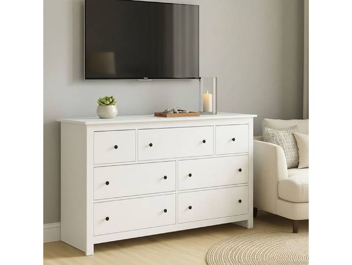 Commode 7 tiroirs 152x40x89 cm Commode Blanc Commode de chambre Commode de Rangement Blanc