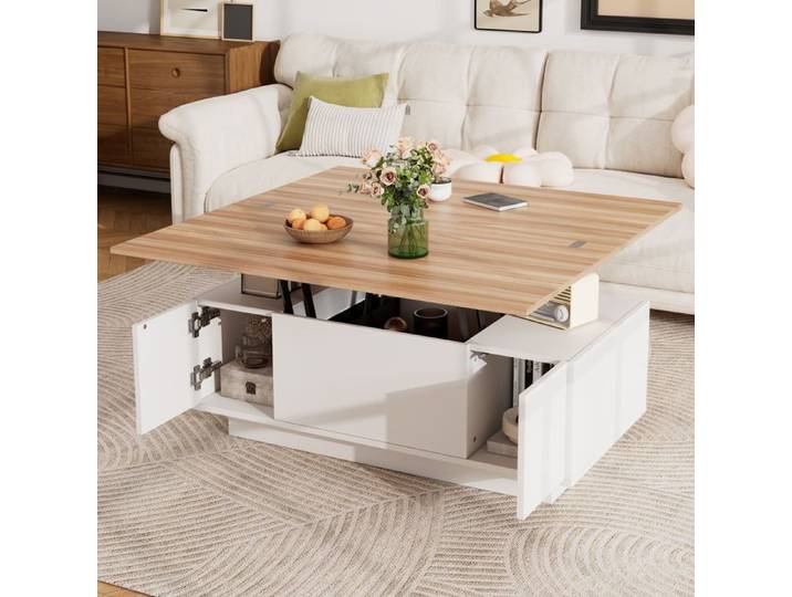 Table basse blanche à double plateau relevable avec rangement dissimulé