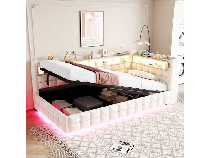 Sofa-Bed 90x200cm Beige Hydraulique LED USB-C & 2 Étagères Bois