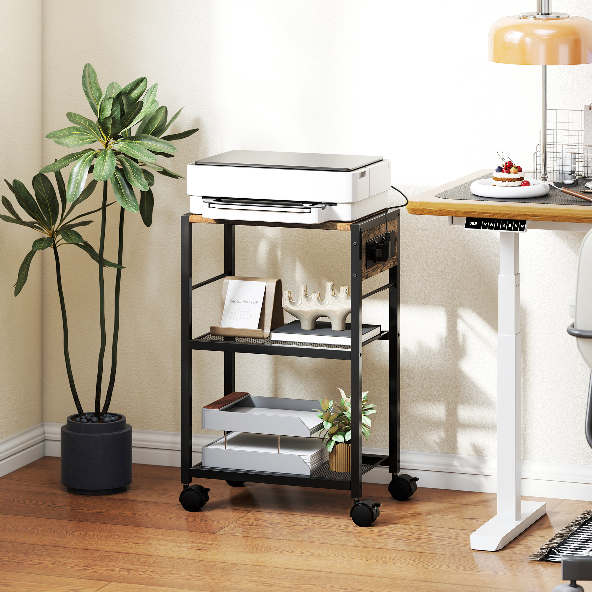 Homcom Supporto per stampante Supporto per stampante con ruote, prese, porte USB e USB-C fino a 40 kg Marrone Rustico   Aosom Italy