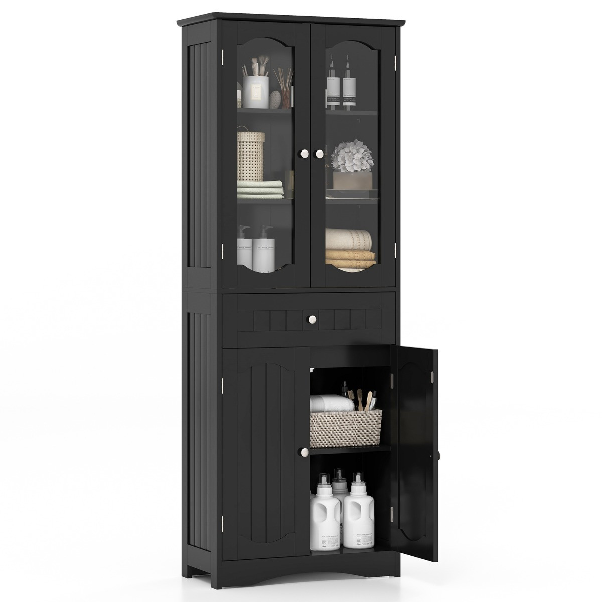 Costway Vrijstaande Hoge Kast met Glazen Deuren en Lades voor Badkamer, Keuken of Woonkamer, B/D/H: 60 x 30 x 160 cm