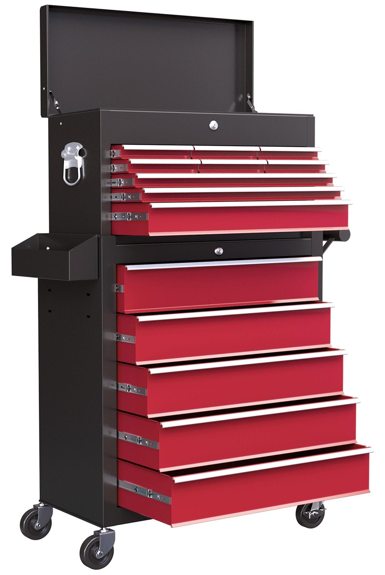 Werkzeugwagen mit 14 Schubladen | Farbe: Rot-Schwarz | Abmessungen: 33x76x75 cm