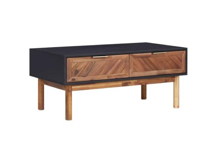 LASWWQMRF Couchtisch 90x50x40 cm Akazie Massivholz mit 2 Schubladen Rustikaler Wohnzimmertisch mit goldenen Aluminiumgriffen, zwei Schubladen für Stauraum und elegantem diagonalen Muster.