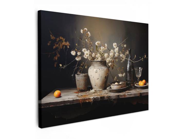 MuchoWow Leinwandbild - Stilleben - Blumen - Blumenstrauß - Vase - Wein - 80x60 - Malerei, Schwarz, Textil, Kiefer, Abstrakt, Rechteckig, 80x60 cm, gerahmt, Bilder & Rahmen, Bilder, Wandbilder