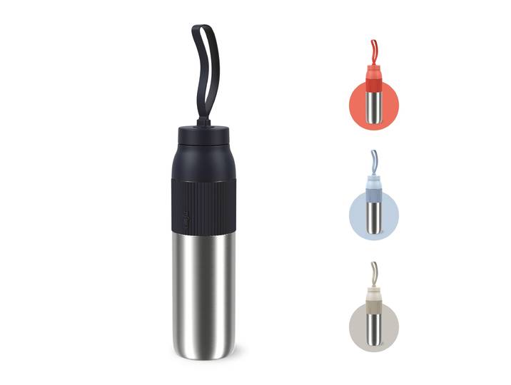 Isolierflasche EMSA beYou Twist , silber (schwarz), H:29,5cm, Edelstahl, Polypropylen (PP), Silikon, Trinkflaschen, Isolierflasche, mit integriertem Sieb und Trageband, 100% dicht, spülmaschinengeeignet
