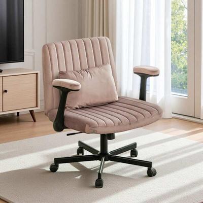 Linen Upholstered Criss-Cross Armrest Office Chair 360° Swivel Desk Chair with Wheels, Wide Seat & Lumbar Pillow Support