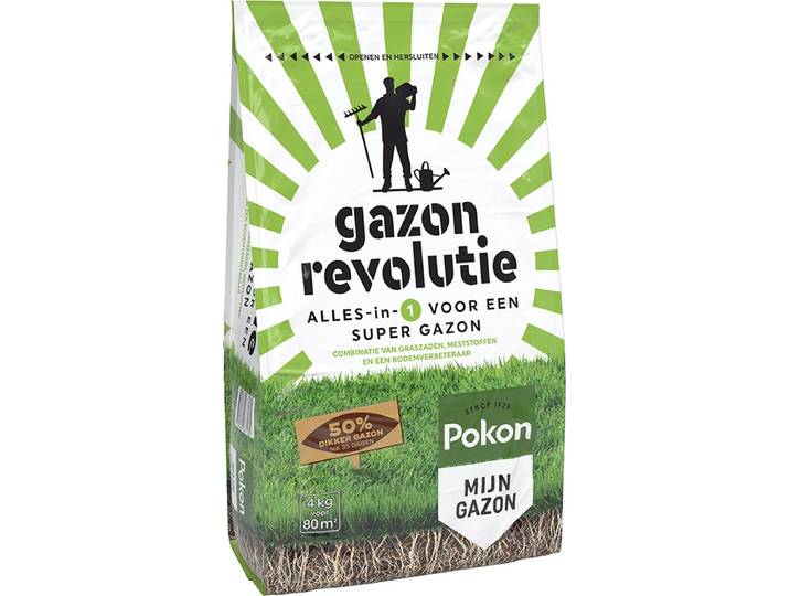Pokon Gazon Revolutie 4kg - Gazonmest - Graszaad - Bodemverbeteraar - Voor 80m² - Resultaat Binnen 15 Dagen