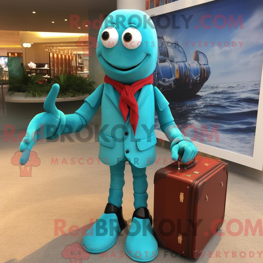 Maskottchenfigur REDBROKOLY eines türkisfarbenen Hummers mit Jacke und Aktentasche