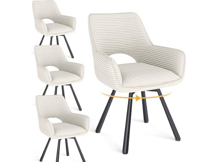 WAFTING Esszimmerstühle 4er Set Drehbar 360°,Armlehnstuhl,Küchenstuhl,Beige Metallbeinen,Cord Stoff,Küchenstühle,Wohnzimmerstuhl,Polsterstuhl mit Samt,Esszimmer,Restaurant,Schlafzimmer,Konferenzraum
