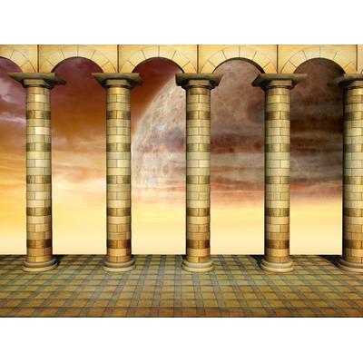 Fototapete PAPERMOON "Terasse vor Planet", bunt, B:5m L:2,8m, Vlies, Tapeten
