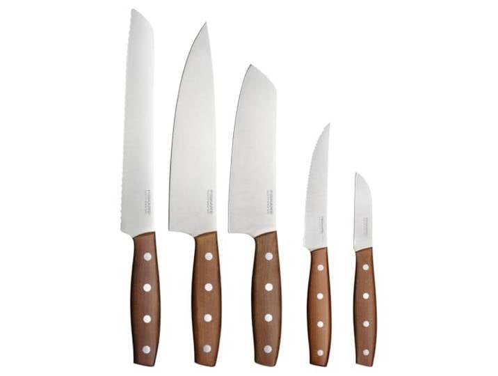 Fiskars Folken Set de 5 Couteaux\, Couteau de Chef\, Couteau Santoku\, Couteau à Pain\, Couteau à Légumes & Couteau à Éplucher\, Lames en Acier Inoxydable\, Manches en Bois d'Érable Certifié FSC\, 1075688