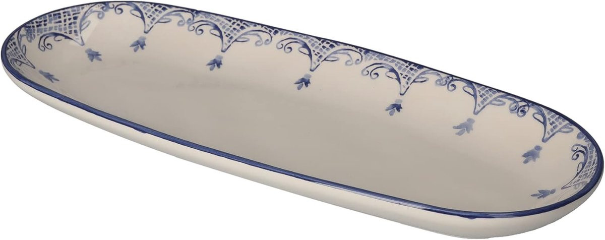 Ovale handgeschilderde keramieken serveerschaal in wit blauw, 36 x 15 cm