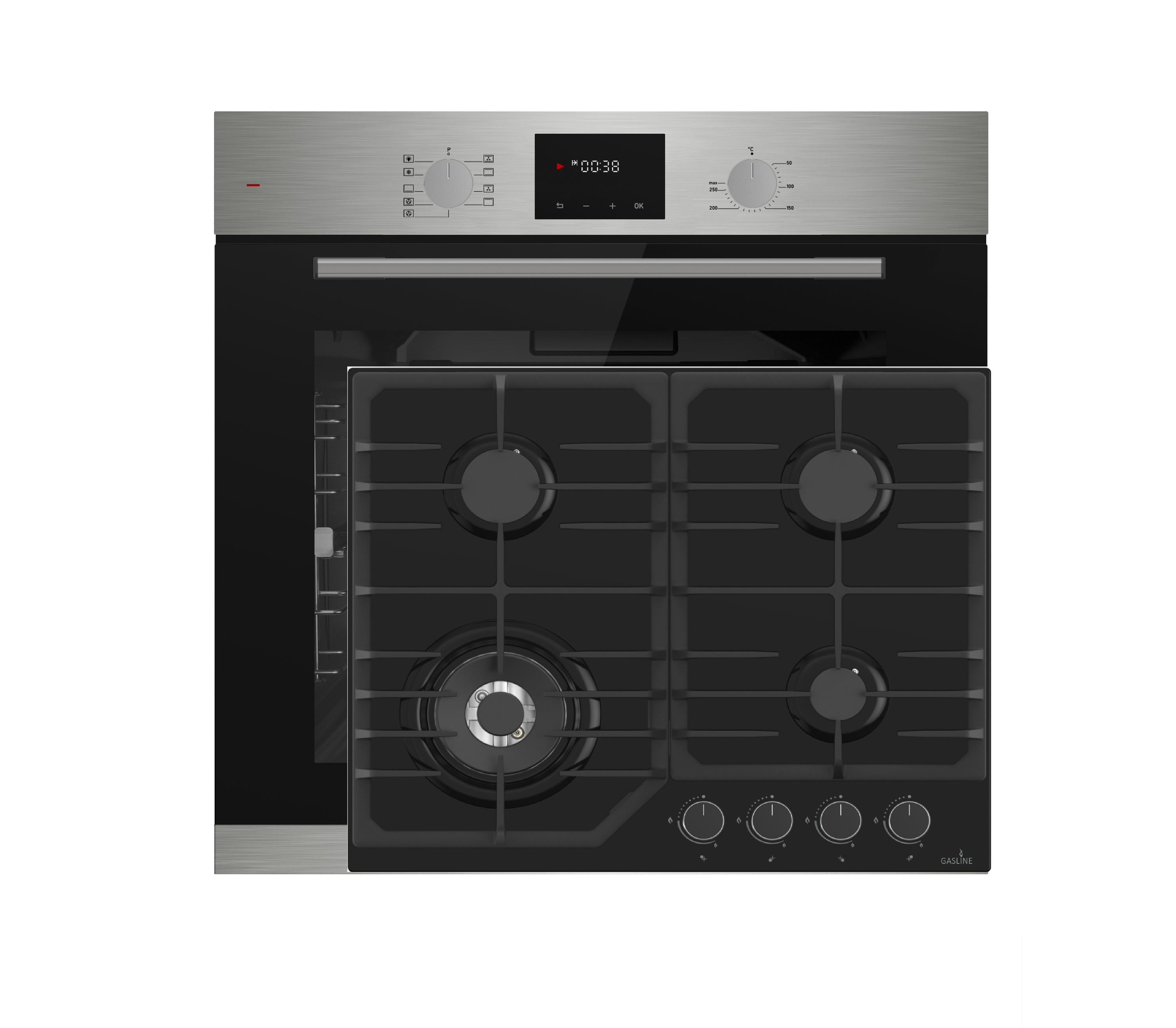 Böhme Einbaubackofen HB60F78PPX mit versenkbare Knebel, Edelstahl Glas mit Heißluft, Teleskopauszug + Gasline Gaskochfeld 60cm Schwarz 4 Brennern WOK