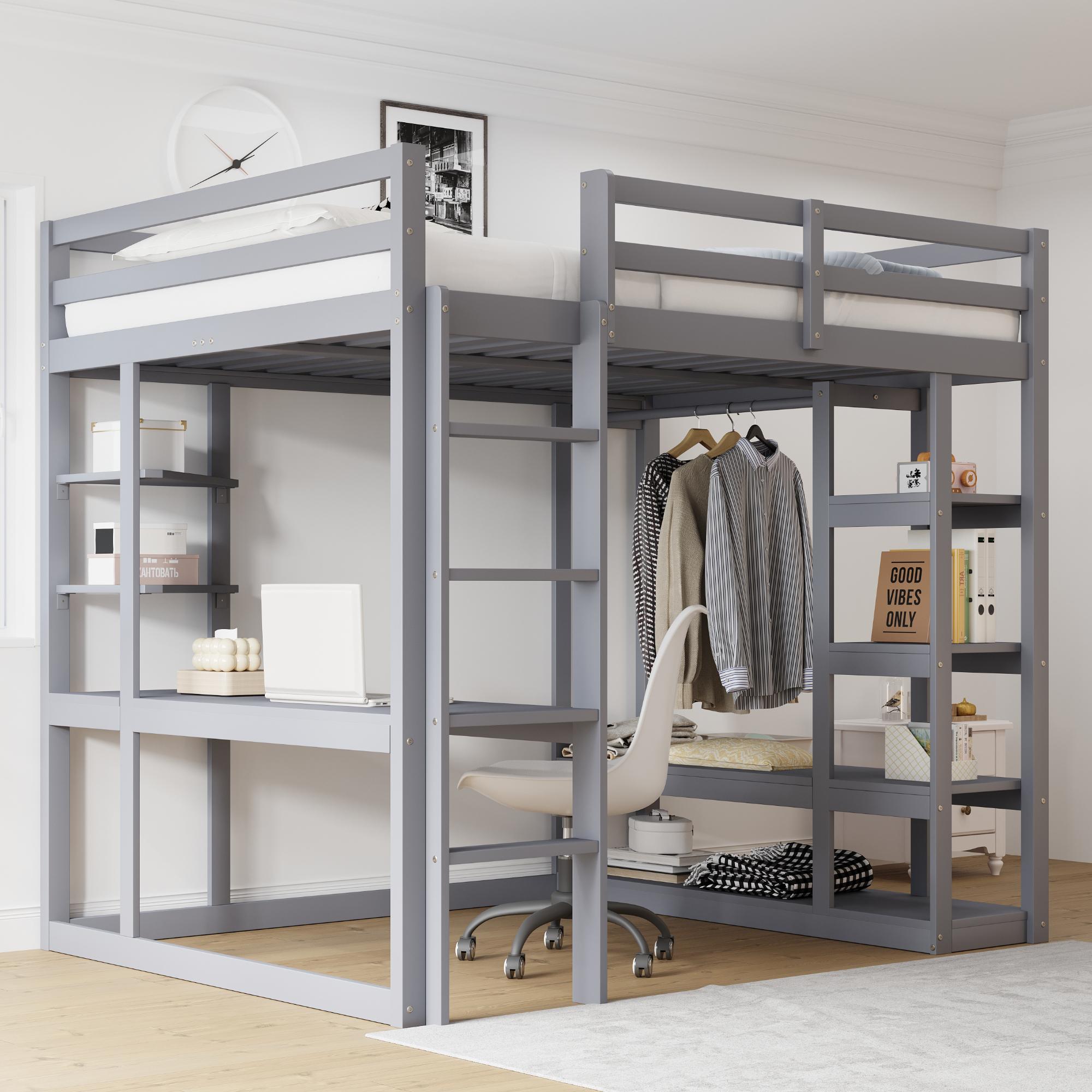 Hochbett mit Leiter Massivholz 140*200 cm, Mit Tisch und Regalen, Mit Einfachen Aufhängungen und Ablage Laminat, Kinderbetten Jugendbetten, Doppelbetten, Grau