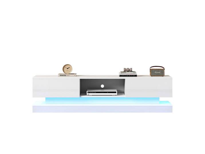 Flieks Tv-Schrank 160x35cm Hochglanz LED-Beleuchtung App-Steuerung Weiß 2 Schubladen, Holz, 45.5x11.5x171 cm, Wohnzimmer, TV Möbel, Lowboards, Lowboards stehend