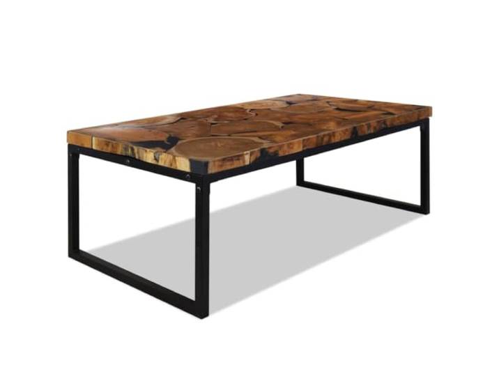 HEFZGDB Massiver Couchtisch aus Teakholz mit schwarzem Harz 110x60x40 cm, rustikaler Beistelltisch und Ablagetisch mit Stahlgestell für Stabilität, handgefertigte Tischplatte,