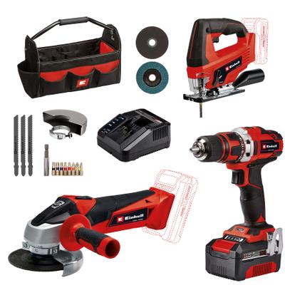 Elektrowerkzeug-Set EINHELL "TE-TK 18/3 Li Kit (JS+CD+AG)", rot (rot, schwarz, weiß), Werkzeugmaschinen-Sets, Akku-Bohrschrauber, -Winkelschleifer und -Stichsäge, Tasche