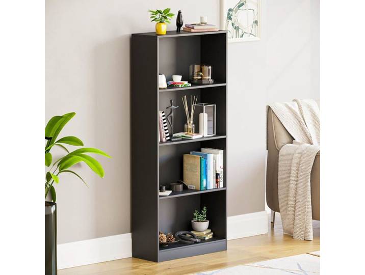 Bibliothèque Cambridge à 4 niveaux noire – Étagère de rangement moderne pour bureau ou salon