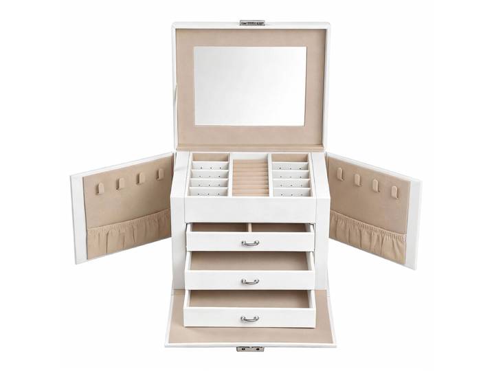 JOYFURNOS Boîte à bijoux à 4 niveaux, Organisateur de bijoux verrouillable avec poignée, 3 tiroirs, Mallette de voyage pour bijoux avec miroir, Rangement pour bijoux, Style moderne, Cadeau pour les proches, Blanc classique