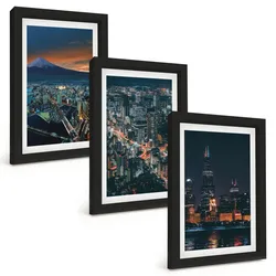 BILDER SET 3er Set - 20x30 cm Schwarzer Rahmen - Bergpanorama der Stadt bei Nacht