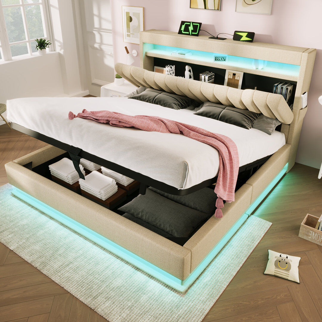 Harriet Bee Coopersburg Upholstered Ottoman Storage Bed With LED Lighting Beige Super King (6')