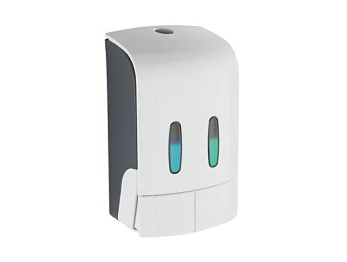 WENKO 2-Kammer Desinfektionsmittel- und Seifenspender Tartas Weiß, hygienischer Wand-Spender für Desinfektionsmittel, flüssige Seife etc. ohne Bohren, Füllmenge je Kammer: 480 ml, 14,5 x 24 x 9 cm