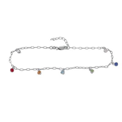 Fußkette ZEEME "Silber 925 rhodiniert mit bunten Kristallen", weiß (weiß, bunt), Fußketten, Damen, 23+5cm, Silber 925 (Sterlingsilber), glänzend