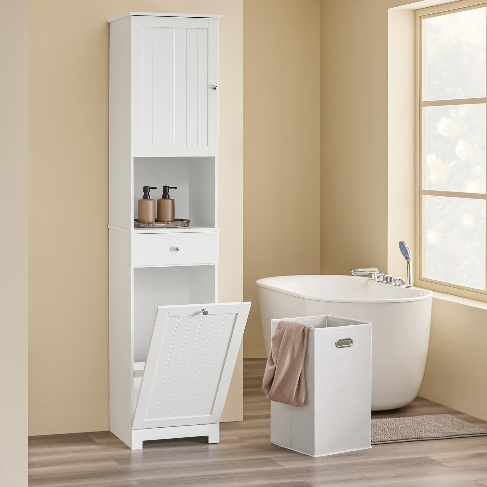 SoBuy badkamerkast met wasmand, smalle hoge kast met lade en verstelbare plank, wit, BZR216-W