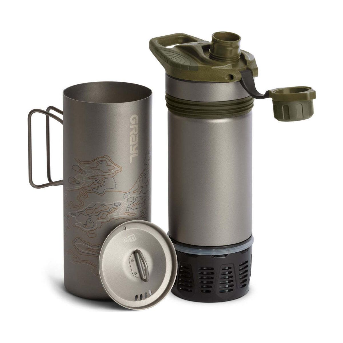Grayl Titanium Geopress Wasserfilterflasche + Cook Lid olive drab (ODG-hardware) 411-SEA-SL-ODG