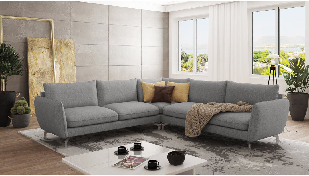 S-Style Furniture Modern L-Shape Corner Sofa with Silver Metal Legs Grey 87cm H X 276cm W X 276cm D