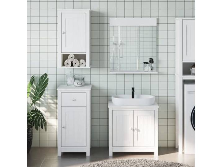 HWKQEQRF 4-TLG. Badmöbel-Set Berg Weiß Massivholz Kiefer mit Spiegel Standschrank, Wandschrank, Badspiegel, Oberplatte für Waschbecken, Kiefernholz, UV-Lackierung, Wandmontage, Stauraum