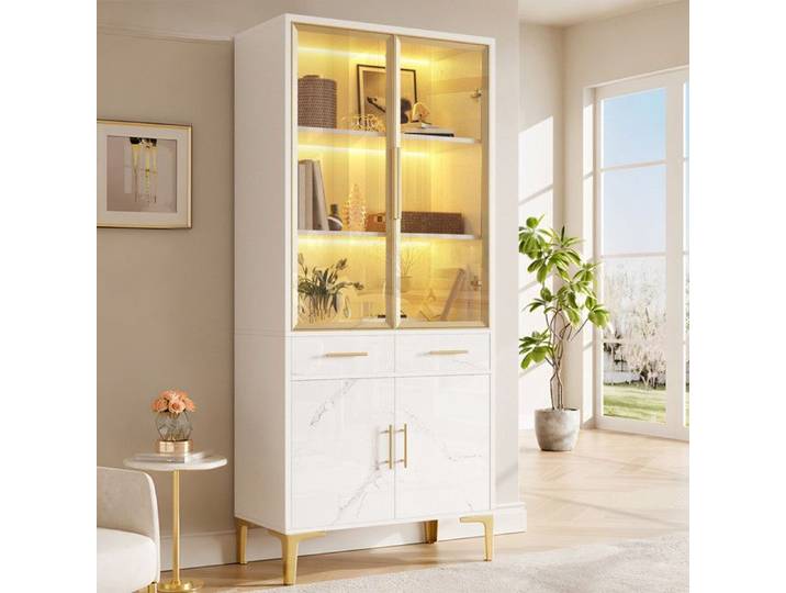 Luscriate - Vitrine en verre LED avec 2 portes vitrées 2 tiroirs design marbre brillant et LED 75x38x170 cm blanc