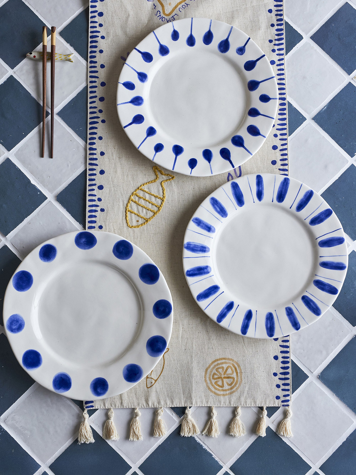 Bloomingville Bord Linora set van 3 blauw keramiek Ø 28 cm