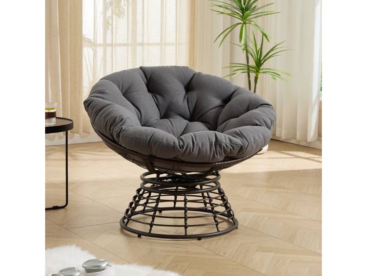 Fauteuil Papasan Pivotant 360° avec Coussin Chaise de Jardin pour Salon Balcon Chambre 92x92x67cm Gris