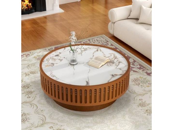 FeiZhiYanS Moderner, runder Couchtisch mit Rillenstruktur (35,4 Zoll) Couchtisch im minimalistischen Trommel-Design mit Marmor-Optik, Vintage-Holzmaserung und stabilem Sockel