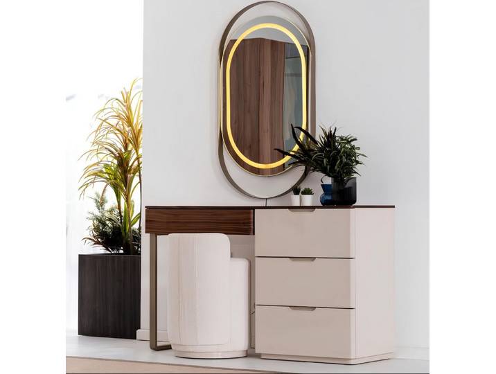 Xlmoebel Schminktisch Beige Designer Schminktisch mit ovalem Spiegel und Schubladen (Schminktisch mit Spiegel), Hergestellt in Europa